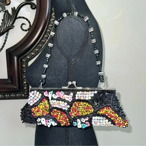 Women’s Black Sequined Beaded Crossbody Clutch Shoulder Bag 3-in-One Purse - Picture 1 of 15